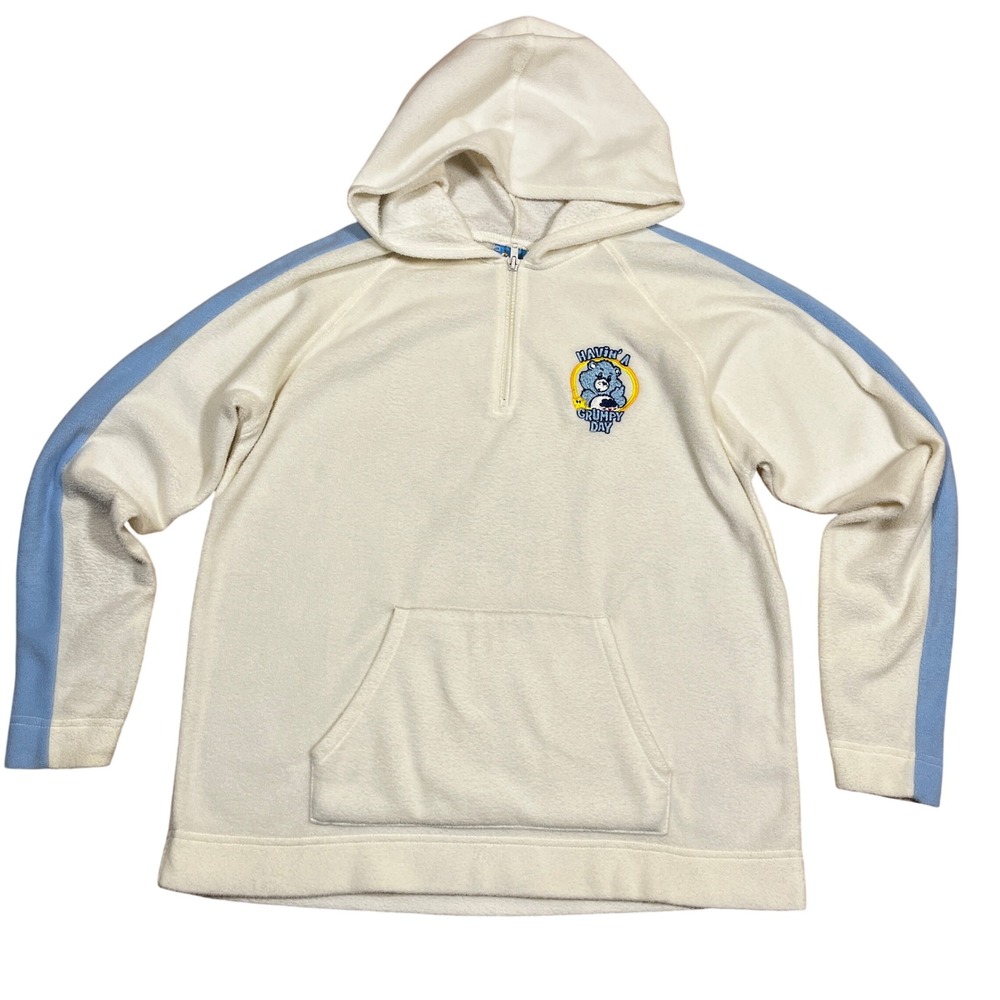 Y2K Care‎ Bears Grumpy Bear Fleece Quarter Zip Hoodie XL Cream Blue Nostalgia